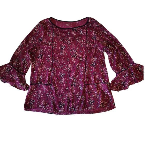 Loft Floral Burgundy Color Tunic Blouse 3/4 Bell Sleeve Round Neckline Size M - Picture 1 of 7